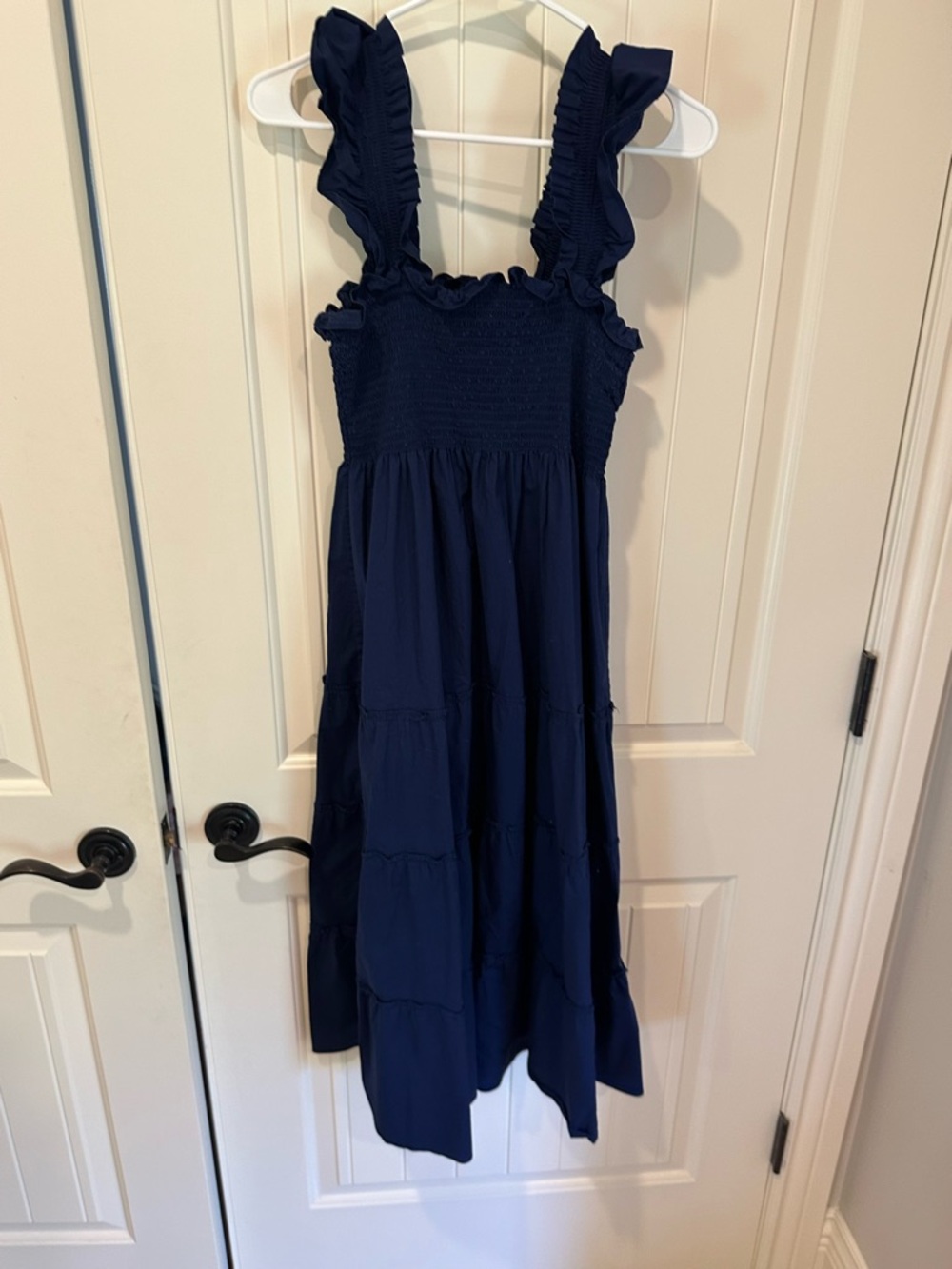 Hill House The Nap Dress - Smocked Ruffle Sleeve Midi Dress - Navy - Picture 9 of 11